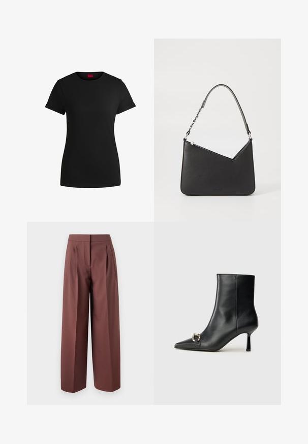 Svart bomulls-t-skjorte med korte, rullede ermer, rund halslinning og rød etikett. Glatt tekstur, tettsittende fasong med minimale detaljer.; Brune vide ben bukser med høj talje, der har plissee foran, skræddersyet design og glat tekstur.; Sorte lær ankle boot med spiss tå, slank mid-høyde hæl og sølvspenne på siden mot en enkel bakgrunn.; Svart lærveske med trekantet form, en slank stropp og sølvfarget detaljer. Har glidelåslukking og preget logo på forsiden.