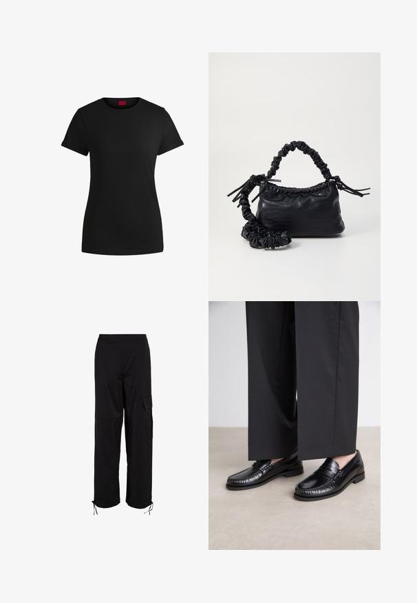 Juodas medvilninis marškinėlis su trumpomis sukamuojamomis rankovėmis, apvaliu iškirpimu ir raudona etikete. Lygus audinys, prigludusi forma su minimaliais papuošimais.; Juodi krovinių kelnės su elastingu juosmeniu, šoniniu kišeniu ir reguliuojamais raišteliais apatinėje dalyje. Pagamintos iš tvirto, tekstūruoto audinio.; Juodi odiniai loaferiai su lygia apdaila, siuvinėjimu aplink pirštą ir žema gumine padu. Derinami su plačiomis juodomis kelnių.; Juodas dirbtinės odos rankinė su krokodilo tekstūra, sušnibždinta viršuje ir susikraipytu dirželiu. Atrodo minkšta ir kompaktiška.