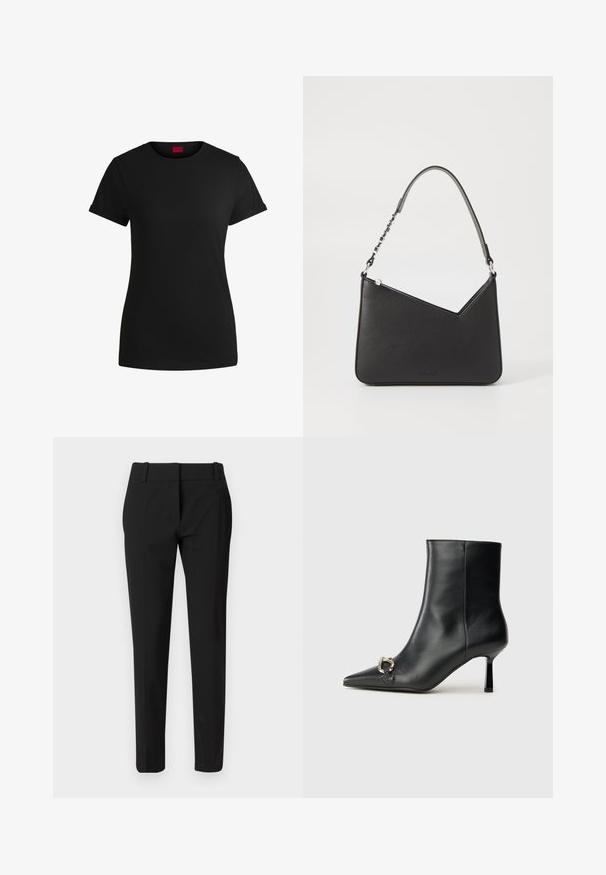 Must must t-särk lühikeste keeratud varrukatega, ümmarguse kaeluse ja punase etiketiga. Sile tekstuur, sobiv kuju minimaalsete detailidega.; Mustad tume püksid sirge jalaga, koos vöökohtade ja sileda tekstuuriga. Ei ole nähtavaid mustreid ega kaunistusi.; Must mustanvärvi nahast pahklinetopp, millel on terav nina, peen keskmise kõrgusega konts ja hõbedane keha detail külgedel, taustal lihtne taust.; Mustmust mustra kott, millel on kolmnurkne kuju, õhuke rihm ja hõbedased detailid. Omab tõmblukuga sulgemist ja reljeefset logo esiklapi peal.