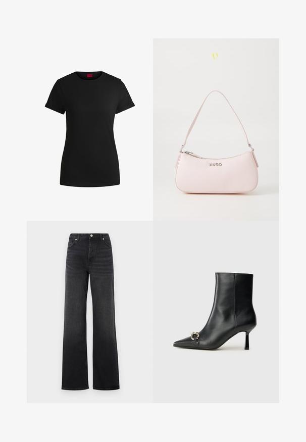 Must must t-särk lühikeste keeratud varrukatega, ümmarguse kaeluse ja punase etiketiga. Sile tekstuur, sobiv kuju minimaalsete detailidega.; Mustad kõrgbelgede laiad teksad, millel on nupplukud ja esikotid, kergelt pleekinud detailid reitel.; Must mustanvärvi nahast pahklinetopp, millel on terav nina, peen keskmise kõrgusega konts ja hõbedane keha detail külgedel, taustal lihtne taust.; Roosa nahast käekott, millel on kaarjas disain, lukuga sulgemine ja õlavarre rihm. Esiküljel on hõbedane logo.
