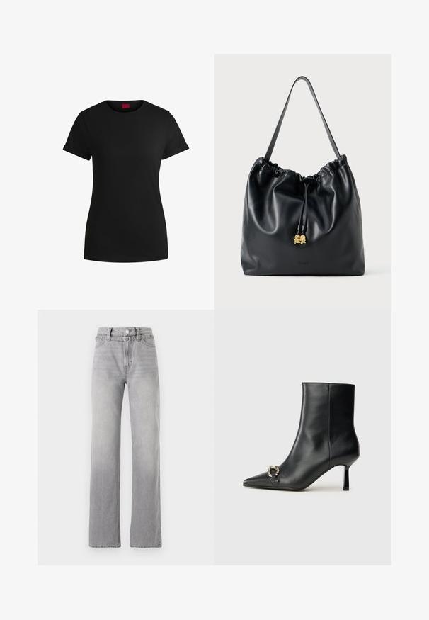 Black cotton t-shirt with short rolled sleeves, a round neckline, and a red label. Smooth texture, fitted shape with minimal detailing.; Light gray denim jeans with a high waist, straight leg design, subtle fading, and classic five-pocket styling. Metal button and zipper closure.; Black leather ankle boot with pointed toe, slim mid-height heel, and silver buckle detail on side against plain background.; Black leather drawstring bag with a smooth texture, gathered top, and subtle gold hardware. Features a single sturdy strap and embossed logo.