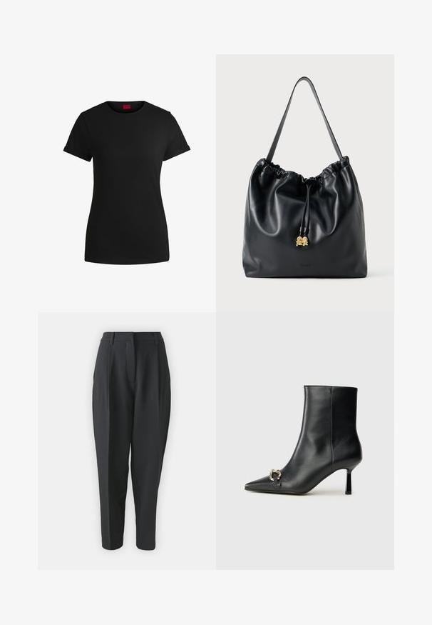 Camiseta de algodón negra con mangas cortas enrolladas, escote redondo y etiqueta roja. Textura suave, forma ajustada y con un detalle minimalista.; Pantalones negros ajustados con cintura alta, pinzas y pierna entallada. Tejido liso sin patrones ni adornos visibles.; Botín negro de cuero hasta el tobillo con punta afilada, tacón delgado de altura media y detalle de hebilla plateada en el lateral, sobre un fondo liso.; Bolso de drawstring de cuero negro con textura suave, parte superior recogida y sutil herrajes dorados. Cuenta con una sola correa resistente y un logo en relieve.