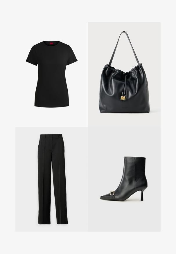 Černé bavlněné tričko s krátkými rukávy s rolled úpravou, kulatým výstřihem a červenou etiketa. Hladká textura, přiléhavý střih s minimálními detaily.; Černé kalhoty s širokými nohavicemi vyrobené z hladkého materiálu, s plochým pasem, poutek na opasek a přiléhavým střihem bez kapes.; Černá kožená kotníková bota s špičatou špičkou, úzkým středně vysokým podpatkem a stříbrnou sponou na straně, na jednobarevném pozadí.; Černý kožený taška na šňůrku s hladkým povrchem, staženým vrchem a jemnými zlatými detaily. Obsahuje jeden pevný popruh a embosované logo.