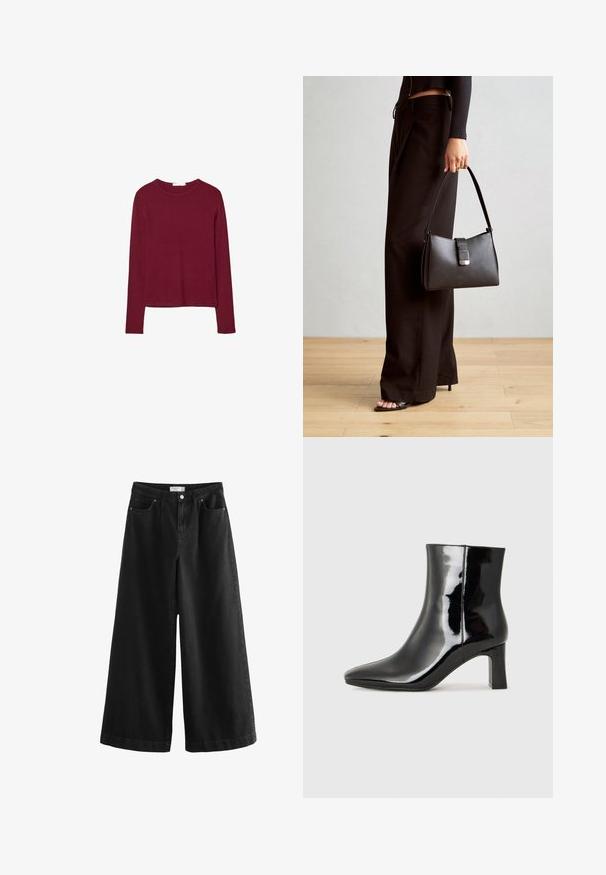 Bordeaux dolga majica s krojem okroglim izrezom, izdelana iz mehkega materiala. Ima prilegajoč kroj in ravno spodnjo rob. Brez vzorcev ali okrasnih detajlov.; Črne široke jeans hlače iz denima, z visokim pasom, petimi žepi in čistim zaključkom. Tkanina ima gladko teksturo z minimalnimi dodatki.; Črne lakirane gležnjarje z ošiljenim nosom in srednje visokim blokastim peto. Gladka tekstura in minimalističen dizajn.; Črna torbica z strukturirano obliko, gladko teksturo in kovinskim zaponko. Ujemajo se z širokimi črnimi hlačami in odprtimi sandali na lesenem tleh.