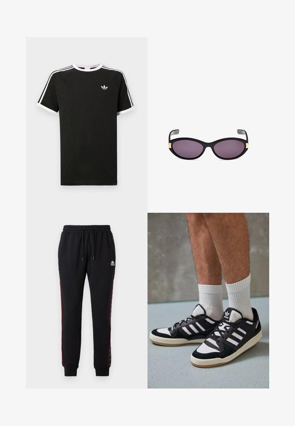 Schwarzes T-Shirt aus Baumwolle mit weißen Akzenten. Hat kurze Ärmel, ein Raglan-Design und ein kleines Logo auf der Brust. Drei weiße Streifen auf den Schultern.; Schwarze Jogginghose mit elastischem Bund, roten Seitenstreifen und Kappa-Logo. Hergestellt aus glattem Stoff, mit gerippten Bündchen und einem lockeren Schnitt.; Schwarz-weiße Sneaker mit einem Obermaterial aus Wildleder und Leder, ausgestattet mit drei weißen Streifen, einer perforierten Zehenpartie und einer Sohle aus Gummi.; Schwarze Katzenaugen-Sonnenbrille mit lila Linsen. Verfügt über goldene Akzente in der Nähe der Schläfen. Glatter Kunststoffrahmen mit glänzender Oberfläche.