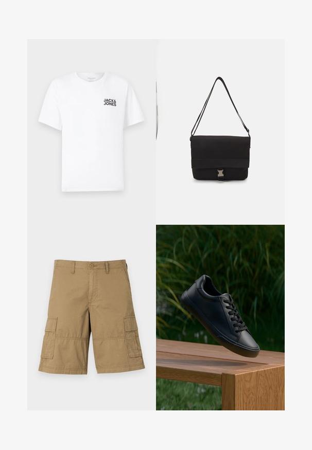 Fehér pamut póló, rövid ujjú, kerek nyakkivágással. A bal mellrészen található a fekete "JACK & JONES" feliratú logó. Egyszerű, sima dizájn.; Khaki színű cargo shorts, egyenes szabással, két oldalsó zsebbel és gombos derékzárral. Az anyag sima textúrájú.; Fekete bőr sneaker sima textúrával, kerek orral és lapos cipőfűzővel, egy fa felület felett helyezkedik el, a háttérben zöld fűvel.; Fekete üzenetküldő táska sima anyagból, hajtókás fedéllel, ezüst csattal és állítható vállpánttal.