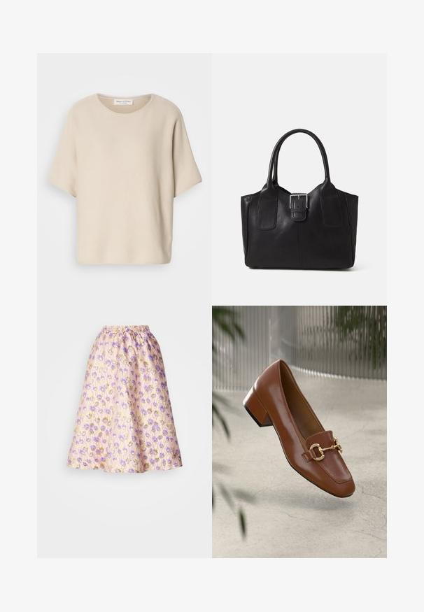 Beige Kurzarm-Oberteil aus strukturierter Stoffqualität, mit Rundhalsausschnitt und lässiger Passform, versehen mit einem Etikett im Inneren des Ausschnitts.; Ein pastellrosa Rock mit floralem Muster in lila und goldenen Akzenten, ausgestattet mit einem elastischen Bund und einer ausgestellten A-Linie Silhouette.; Braune Lackleder-Loafer mit quadratischer Zehenpartie, metallischem Kettenakzent und niedrigem Blockabsatz; glatte Textur, minimalistisches Design.; Schwarze Leder-Tote mit glatter Textur, strukturiertem Design, zwei Griffen und einem auffälligen silbernen Schnallen-Detail auf der Vorderseite.