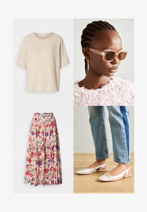 Bež majica s kratkimi rokavi iz teksturirane tkanine, ki ima okroglo ovratnico in sproščen kroj, z etiketo priloženo znotraj ovratnika.; Cvečni maksi krilo z elastičnim pasom, z bež ozadjem in živahnimi rdečimi, vijoličnimi ter zelenimi cvetličnimi vzorci; s plastmi.; Svijetloružičaste slingback balerinke s šiljastim nožnim prstima, napravljene od glatkog materijala nalik koži. Imaju izrezane detalje sa strane i ravne pete.; Bežna oversized sončna očala s prozornim okvirjem in rjavimi lečami, ki imajo subtilne cvetlične poudarke in drzen, geometrijski dizajn.