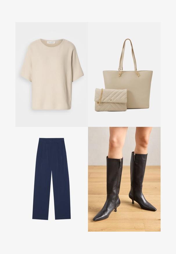 Top bege de manga curta, feito de tecido texturizado, com decote redondo e corte descontraído, apresentando uma etiqueta presa na parte interna do decote.; Calças largas azul-marinho feitas de um tecido suave, com plissados frontais, uma textura lisa e um corte recto sem bolsos visíveis.; Botas de couro pretas até ao joelho com bico pontiagudo e salto fino. Apresentam fechos de correr na lateral para facilitar o uso. Textura suave e design elegante.; Saco tote bege com alças planas, textura suave e acessórios em dourado, combinado com uma mala clutch acolchoada correspondente, apresentando uma alça de corrente.