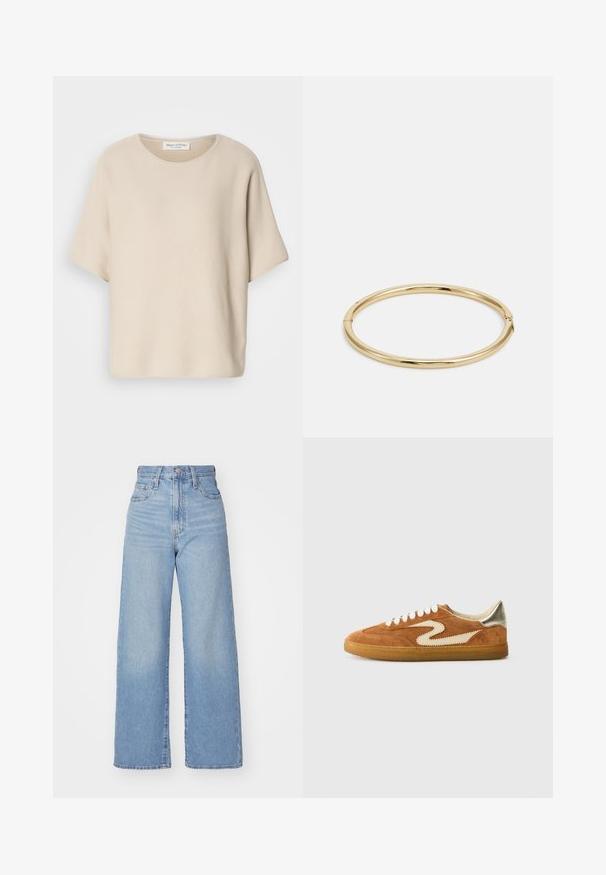 Beige short-sleeve top made of textured fabric, featuring a round neckline and relaxed fit, with a label attached inside the neckline.; Light blue high-waist wide-leg jeans with front button and zip closure, front and back pockets, on a white background.; Suede sneakers in brown and cream, featuring a unique zigzag design, beige laces, and a gum rubber sole. Metallic accents on the heel.; Gold bangle bracelet with a smooth, shiny surface, featuring a round shape and a subtle clasp detail.