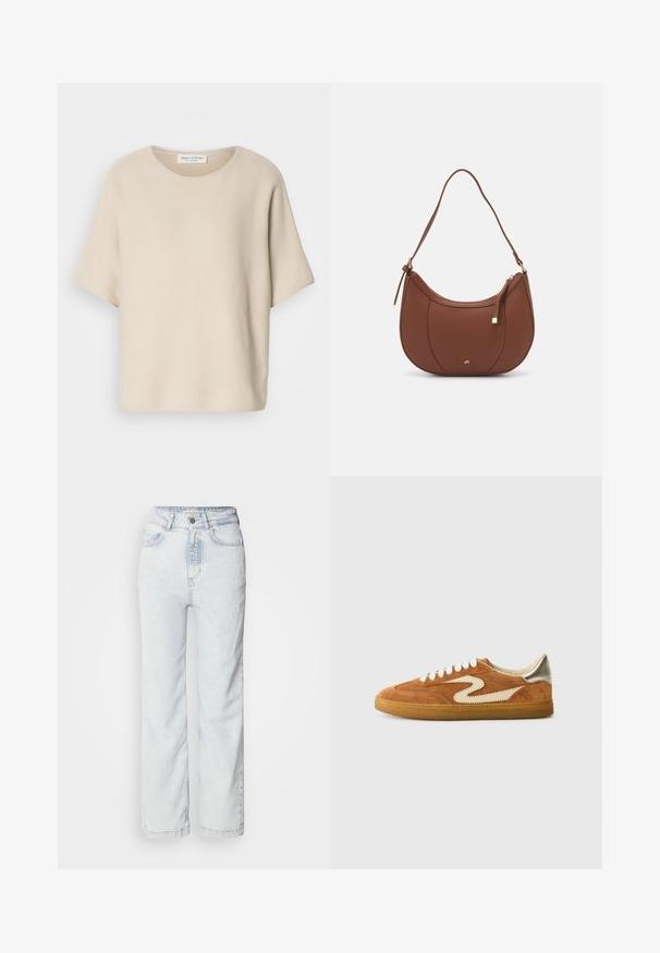 Beige kortermet topp laget av teksturert stoff, med rund hals og avslappet passform, med en etikett festet inni halsen.; Lyseblå høy midje jeans med rett benpassform, laget av denim. Har knappestuss, fem-lomme design og subtilt falmet tekstur.; Suedesneakers i brunt og krem, med et unikt zigzag-design, beige snøring og såle av gummigummi. Metalliske detaljer på hælen.; Brun kunstlæder skuldertaske med buet form, minimal syning og detaljer i guld-tonet hardware. Har en top lynlås lukning og justerbar rem.