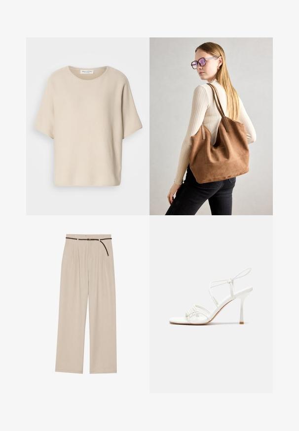 Haut beige à manches courtes en tissu texturé, présentant un col rond et une coupe décontractée, avec une étiquette attachée à l'intérieur du col.; Pantalons larges beiges avec plis, fabriqués à partir d'un tissu léger, dotés d'une ceinture tressée marron et d'un ourlet droit.; Sandale à talons hauts blanche avec une base de orteil plate, devant texturé avec des accents froncés et une fine bride à la cheville.; Sac fourre-tout en daim marron avec une texture douce, grande ouverture et longues sangles. Présente un design simple avec des coutures visibles et sans matériel.; Un bandeau en créme rembourré avec un design torsadé, associé à une chemise rayée beige et blanche à col rond. Accent de bijoux discrets.