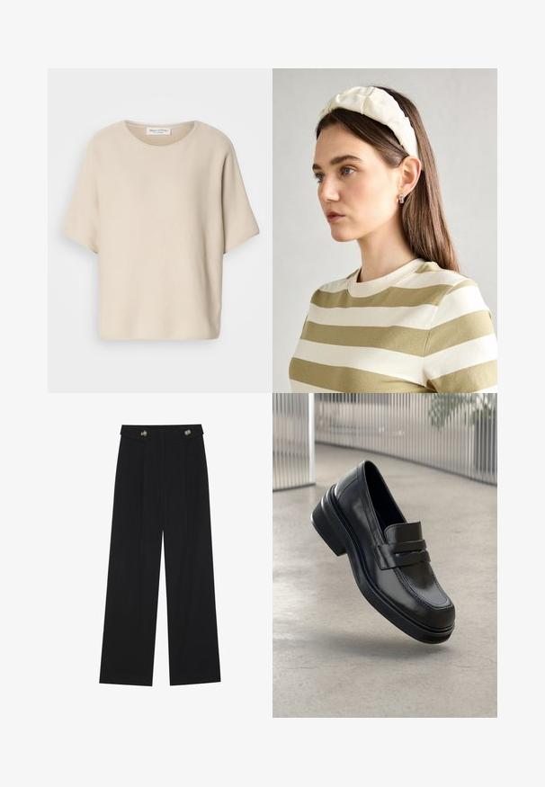 Šviesiai ruda trumpomis rankovėmis palaidinė, pagaminta iš tekstūruotos medžiagos, su apykakle ir laisvu siluetu, su etiketė pakabinta viduje apykaklės.; Juodi plačios kojos kelnės su aukštu liemeniu, sagų detalėmis ant liemens ir priekinėmis raukšlėmis.; Juodas odinis loafers su lygiu paviršiumi, apvalia nosimi ir žemu kulnu. Yra dvi dirželių detalės per pėdos vidurį.; Kremo spalvos paminkštinta galvos juosta su suktiniu dizainu, derinama su smėlio ir baltos spalvos juostelėmis marškiniais, turinčiais apvalų iškirpimą. Subtilūs papuošalų akcentai.