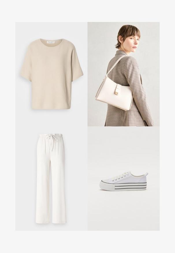 Bežový top s krátkym rukávom vyrobený z textúrovanej tkaniny, s okrúhlym výstrihom a voľným strihom, s nálepkou pripevnenou vo vnútri výstrihu.; Biele široké nohavice vyrobené z mäkkej tkaniny, s elastickým pásom so šnúrkou a hladkým povrchom. Žiadne vzory ani ozdoby nie sú viditeľné.; Biele plátené tenisky s okrúhlou špičkou, čiernou podrážkou a horizontálnymi čiernymi pruhmi. Obsahujú šnúrky a pútko na päte pre jednoduché obúvanie.; Biely kožený kabelka so štruktúrovaným dizajnom, s magnetickým uzáverom a ramenným popruhom, vystavená na neutrálnom pozadí.