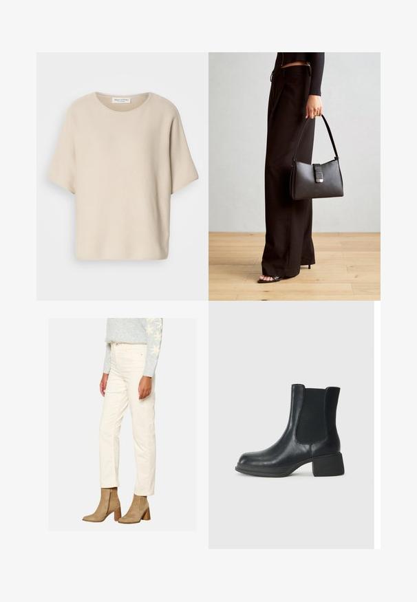 Šviesiai ruda trumpomis rankovėmis palaidinė, pagaminta iš tekstūruotos medžiagos, su apykakle ir laisvu siluetu, su etiketė pakabinta viduje apykaklės.; Grietos spalvos kanapių džinsai su liesu siluetu, turintys priekinės kišenes ir lygią tekstūrą, derinami su smėlio spalvos auliniais bateliais.; Juodos odinės kulkšninių botai su elastingais šonais, suapvalintu bato pirštu ir žemu bloko kulnu. Paviršius yra lygus ir turi minimalų dekoravimą.; Juodas rankinė struktūrizuota forma, lygi tekstūra ir metalinis užsegimas. Suporuota su plačiomis juodomis kelnėmis ir atvirais bateliais ant medinių grindų.