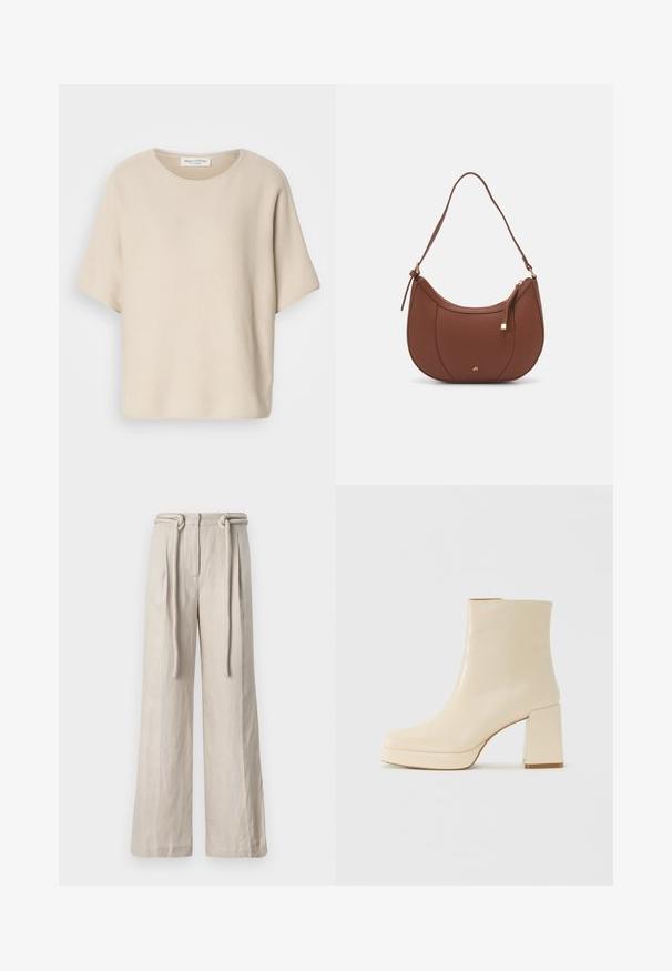 Beige kortermet topp laget av teksturert stoff, med rund hals og avslappet passform, med en etikett festet inni halsen.; Vide benklær i lys beige lin med høy midje, frontfeller og detalj med knyttet belte. Glatt tekstur og avslappet passform.; Beige lærankelstøvlett med blokkhæl og plattformsåle, glatt overflate og lett firkantet tå, vendt mot venstre på hvit bakgrunn.; Brun kunstlæder skuldertaske med buet form, minimal syning og detaljer i guld-tonet hardware. Har en top lynlås lukning og justerbar rem.