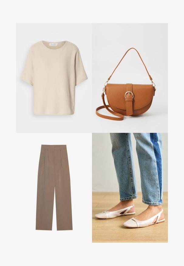 Bēša krāsa īsām piedurknēm tops, izgatavots no teksturēta auduma, ar apaļu kakla izgriezumu un brīvu piegriezumu, ar etiķeti, kas piestiprināta iekšpusē kakla izgriezumā.; Brūni plisēti bikses ar platām kājām, ar platu jostas daļu un sānu kabatām, izgatavotas no viegla auduma.; Bālti rozā siksniņu dzīvokļi ar smailu purngalu, izgatavoti no gludas ādas līdzīgās materiāla. Iezīmē izgriezumu detaļas sānos un platu papēdi.; Brūns ādas plecu soma ar izliekta formu, zelta piederumiem un sprādzes akcentu. Iesaiņota ar noņemamu plecu siksnu.