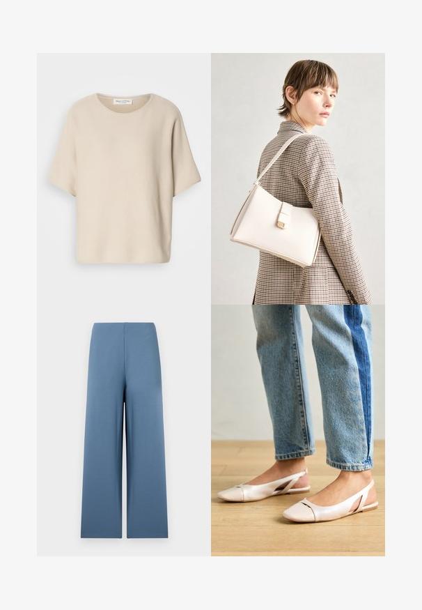 Bež majica kratkih rukava od teksturirane tkanine, s okruglim izrezom i opuštenim krojem, sa oznakom pričvršćenom unutar izreza.; Hlače širokih nogavica od mekog plavog materijala. Imaju bešavni pojas i ravnomjernu, glatku teksturu. Nema vidljivih zatvarača ili džepova.; Svijetlo ružičaste slingback balerinke s šiljastim vrhom, izrađene od glatkog materijala nalik koži. Sadrže izrezane detalje sa strane i ravnu petu.; Bijela kožna torba s čvrstim dizajnom, s magnetskim kopčanjem i remenom za rame, prikazana na neutralnoj pozadini.