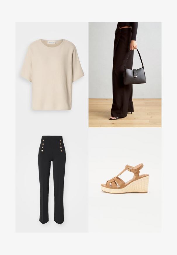 Beež lühikeste varrukatega topp, mis on valmistatud tekstuursetest kangast, ümarate kaeluste ja lõdva lõikega, kaeluses on silt.; Kõrge taljega mustad püksid, mis on voolujoonelised, esiosas kuldsetes nuppudega, silede tekstuuriga ja otsepuusad.; Kohandatud tan värvi vitsseendiga sandaalid, millel on ristuv rihma disain, reguleeritav pahkluu pandla ning tekstuuriga kootud espadrilli stiilis kõrge konts.; Must musta kott, millel on struktureeritud kuju, sile tekstuur ja metallist klamber. Kombineeritud laiate mustade pükstega ja avatud varvaste sandaalidega puidust põrandal.