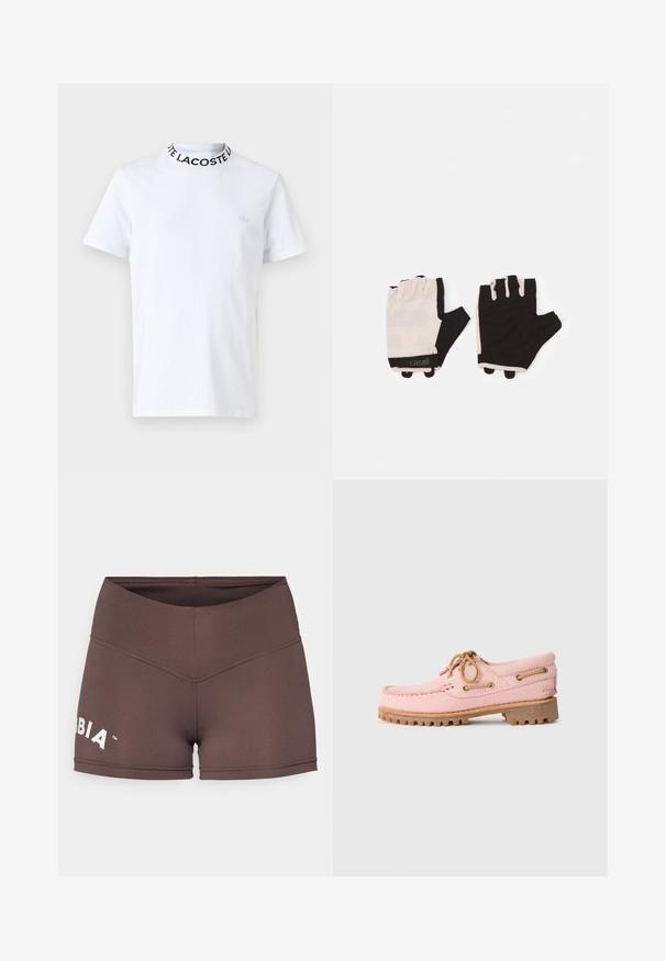 Bijela majica od pamuka s okruglim crnim ovratnikom na kojem je natpis "LACOSTE" i malim izvezenim logom na prsima. Kratki rukavi.; Smeđe sportske kratke hlače s visokim strukom, rastezljivim materijalom i bijelim logotipom s lijeve strane. Glatka tekstura i prilagođeni dizajn.; Roza kožna brodarska cipela s smešnim vezicama, metalnim rupicama i debelim smešnim gumiranim potplatom, prikazana u profilu na beloj pozadini.; Fitness rukavice s dizajnom u svijetlo ružičastoj i crnoj boji, izrađene od prozračnog materijala, sa podesivim zapešćem i teksturiranim naglascima za bolje prianjanje.