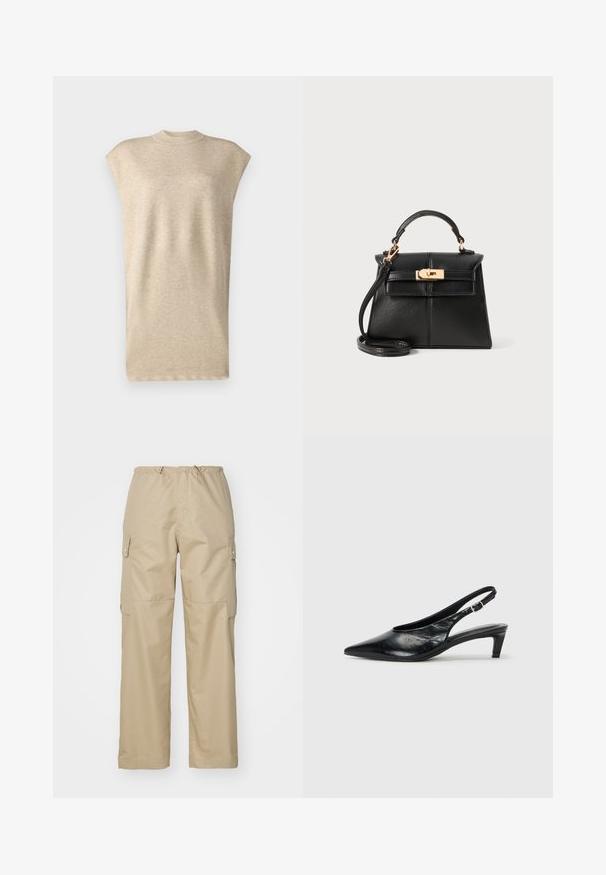 Béžová bezrukávová blúzka s vysokým golierom, vyrobená z mäkkej, textúrovanej látky. Má voľný strih a hladký povrch.; Béžové cargo nohavice s elastickým pásom, dvoma bočnými vreckami a zapínacími cargo vreckami, s rovnými nohavicami a hladkou textúrou látky.; Čierne kožené sandále na opätku s ostrou špičkou, nízkym opätkom a nastaviteľným remienkom so sponou. Hladká textúra s minimálnymi detailmi.; Čierna kožená taška s pevnou konštrukciou, horným uchom, odnímateľným popruhom a zlatistou kovovou aplikáciou na magnetickom uzávere.