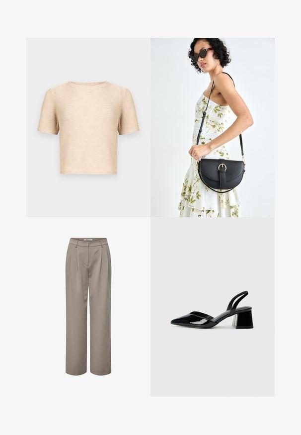 Haut beige en maille à manches courtes avec un col rond, tissu texturé et ourlet brut. Design simple, adapté à la superposition ou à porter seul.; Pantalons larges beige clair, avec des plis, une texture lisse et un design de taille épuré. Simples et polyvalents pour diverses tenues.; Escarpins en cuir verni noir avec bout pointu et talon bloc géométrique. Présente un design élégant et minimaliste ainsi qu'une texture lisse.; Sac à main en cuir noir avec une forme courbée, bandoulière amovible et des accessoires en or. Le sac est doté d'un rabat avec un détail de boucle.