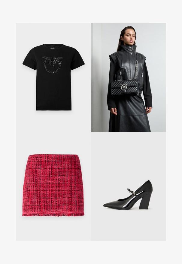 T-shirt preta feita de algodão, com um design de contas num padrão circular na parte da frente. Manga curta e gola redonda.; Patrizia Pepe SKIRT - Minissaia - coral; Shoe de salto alto em verniz preto, com bico fino, um salto robusto e uma tira com detalhe em metal.; Colete de couro preto com gola alta, bolsos com fecho, e uma bolsa de mão preta acolchoada com um detalhe em metal prateado, usado com uma saia longa preta.
