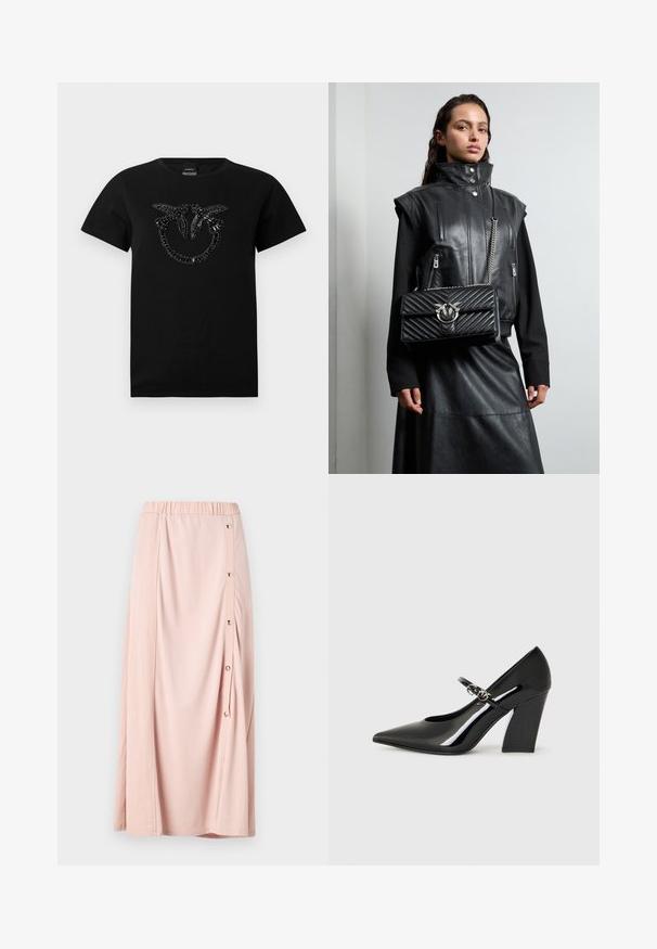 Crna majica od pamuka s perlicama u kružnom uzorku na prednjoj strani. Kratki rukavi i okrugli izrez.; Ruenda maxi suknja u ružičastoj boji s elastičnom pokazom, koja ima bočni otvor na dugmad i meki, glatki materijal. Lagani i lepršavi dizajn.; Crna lakirana visoka potpetica s izduženim vrhom, debele pete i remenom s detaljima od metalne hardver.; Crna kožna prsluk s visokim ovratnikom, zatvorenim džepovima i crnom kviltanom torbicom s srebrnim detaljima, uparen s dugom crnom suknjom.