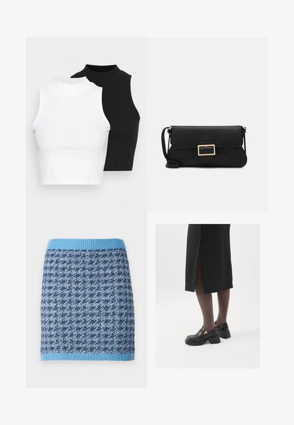 Dvě bezrukávové halenky s ribovým stojáčkem v černé a bílé barvě, které mají přiléhavý střih a hladkou texturu, s krácenou délkou.; Pletená sukně s geometrickým vzorem v odstínech modré, s žebrovaným světlemodrým pasem a strukturovaným povrchem.; Černé kožené boty s kulatou špičkou, silným blokovým podpatkem a elastickými bočními akcenty, spárované s tmavými punčochami a černou sukní se rozparkem.; Černá kožená psaníčko s klopou a zlatým kovovým detailním sponou. Součástí je černý popruh a elegantní, minimalistický design.