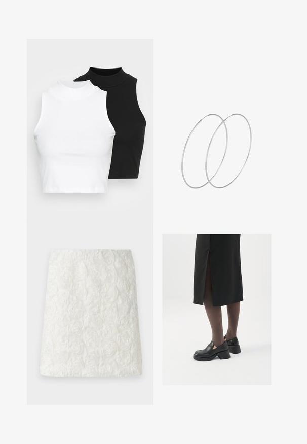 Två ärmlösa ribbade polotröjor i svart och vitt, med en figursydd design och slät textur, i en kortad längd.; Vit mini kjol med en strukturerad yta med upphöjda blommönster som liknar rosor, tillverkad av lättviktigt tyg.; Svarta läderskor med rund tå, tjock klack utan häl och elastiska sidodetaljer, kombinerat med mörka strumpbyxor och en svart kjol med slits.; Silverfärgade hoopörhängen med en minimalistisk design. Cirkulär form, slät yta och tunn profil. Lätta med en polerad finish.