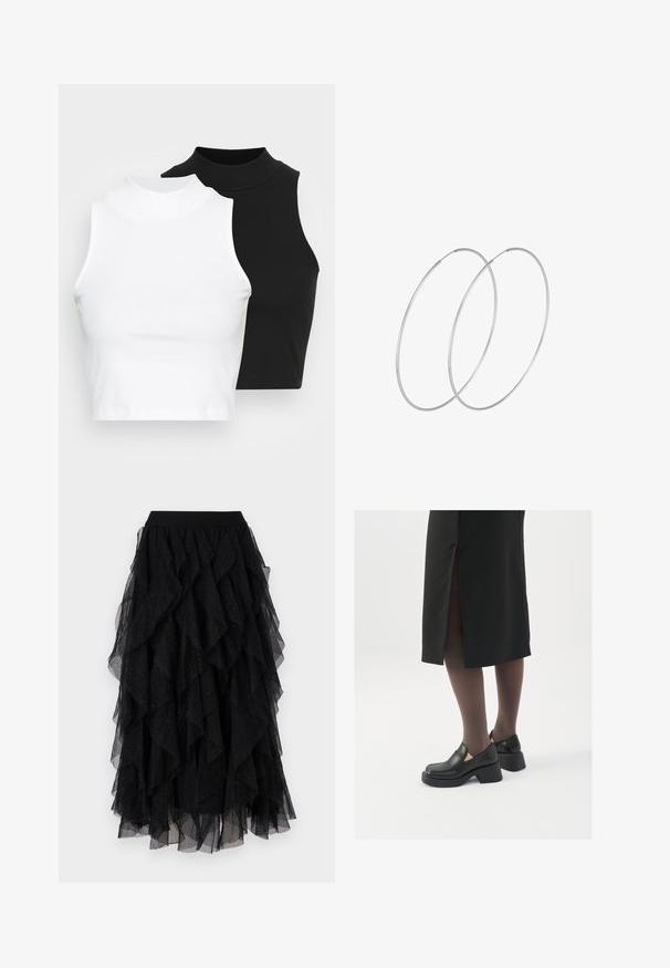 Kaks musta ja valget ilma varrukat ribikrae topi, millel on sobiv disain ja sile tekstuur, ning lühikesed pikkused.; Must tüllseelik, millel on kihilised volangid, pehme tekstuur ja delikaatsed sädelevad aktsendid. Elastne vöökoht pakub mugavat istuvust.; Mustad mustad jalatsid ümmarguse varbaga, paksu plokkniidi ja elastsete külgdetailidega, kombineeritud tumedate sukkade ja musta lõhikuga seelikuga.; Hõbedased rõngastikkaehingad minimalistlikus disainis. Ümar kuju, sile tekstuur ja õhuke profiil. Kerged ning poleeritud viimistlusega.