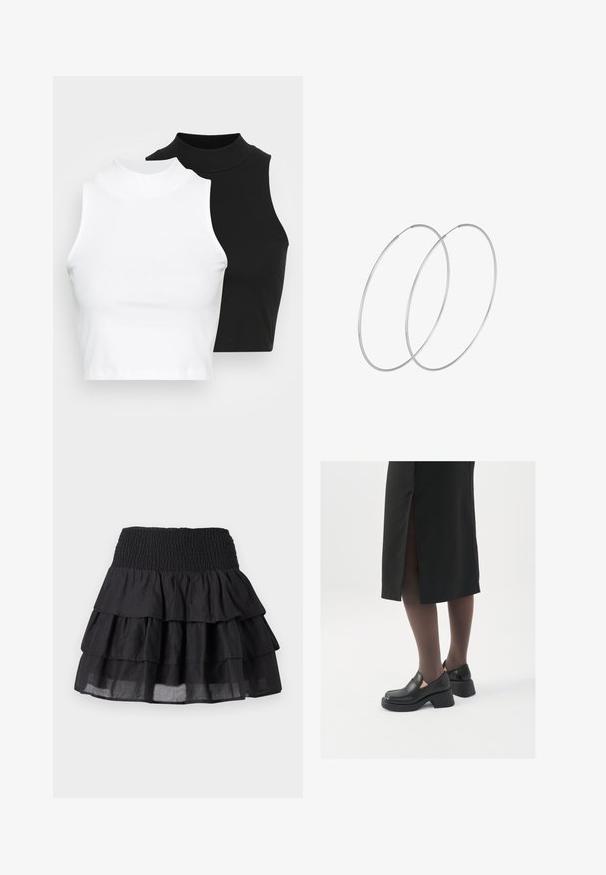 Dve bezrukávové rebrované roláky v čiernej a bielej farbe, pričom majú priliehavý strih a hladkú textúru, s krátkou dĺžkou.; Čierna sukňa s tierovaným strihom a naťahovacím pásom. Má tri vrstvy volánikov a ľahkú látku pre vzdušný vzhľad.; Čierne kožené topánky s okrúhlou špičkou, silným blokovým opätkom a elastickými bočnými akcentmi, skombinované s tmavými pančuchami a čiernou sukňou so štiepením.; Strieborné kruhové náušnice s minimalistickým dizajnom. Cirkulárny tvar, hladký povrch a tenký profil. Ľahké s lesklým povrchom.