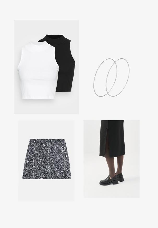 Zwei ärmellose, gerippte Rollkragenoberteile in Schwarz und Weiß, mit einer figurbetonten Passform und glatter Textur sowie einer cropped Länge.; Minirock aus silbernen Pailletten mit strukturiertem Muster und geradem Schnitt. Der Stoff wirkt glänzend und reflektierend.; Schwarze Lederschuhe mit abgerundetem Zeh, dicker Blockabsatz und elastischen seitlichen Akzenten, kombiniert mit dunklen Strumpfhosen und einem schwarzen Rock mit Schlitz.; Silberne Creolen mit minimalistischem Design. Rundform, glatte Oberfläche und dünnes Profil. Leichtgewichtig mit hochglänzender Oberfläche.