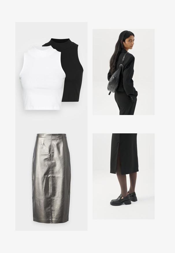 Dva brezrokavniki z rebrasto turtleneck gorami v črni in beli barvi, z oblikovanim dizajnom in gladko teksturo, v skrajšani dolžini.; Metalna srebrna svinčnik krila iz gladkega, sijočega materiala. Ima visok pas, zarezo na zadnji strani ter detajle središnje šiv.; Črne usnjene čevlje s zaobljenim prstom, debelim blokastim petama in elastičnimi stranskimi detajli, v kombinaciji s temno nogavicami in črno krilo z razporkom.; Ženska z dolgimi temnimi lasmi, oblečena v črn kostim, nosi črno usnjeno torbo čez ramo in se ozira čez ramo proti beli podlagi.