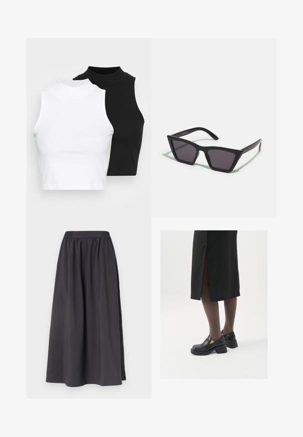 Dvě bezrukávové halenky s ribovým stojáčkem v černé a bílé barvě, které mají přiléhavý střih a hladkou texturu, s krácenou délkou.; Černá bavlněná sukně s elastickým pasem, ve tvaru A, hladké textury, dosahující délky po střed lýtek, bez viditelných vzorů nebo kovových detailů.; Černé kožené boty s kulatou špičkou, silným blokovým podpatkem a elastickými bočními akcenty, spárované s tmavými punčochami a černou sukní se rozparkem.; Černé, ostré sluneční brýle s šedými skly; vyrobené z plastu, s mohutnými rameny a hladkým povrchem bez viditelného hardwaru.