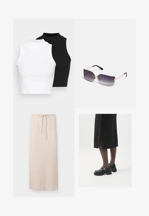 Twee mouwloze ribgebreide coltruien in zwart en wit, met een slim fit ontwerp en een gladde textuur, met een cropped lengte.; Lichtbeige maxi-jurk van een gestructureerde, gemusterde stof. Heeft een elastische tailleband met een trekkoord voor een verstelbare pasvorm.; Zwarte leren schoenen met een ronde neus, dikke blokhak en elastische zijkanten, gecombineerd met donkere panty's en een zwarte rok met een split.; Zonnebril met grijze gradientlenzen, gouden metalen montuur en zwarte plastic accenten. Unieke vlinder-vormige lenzen met dunne pootjes.