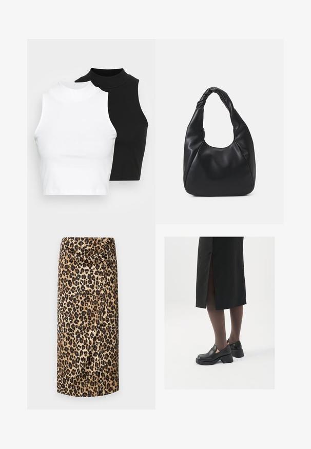 To sleeveless ribbestrikkede turtleneck topper i svart og hvitt, med en tettsittende design og glatt tekstur, med kort lengde.; Leopardmønster midi skjørt, silkeaktig tekstur, nøytral beige bunn med svarte og brune flekker, drapert design med en tvistet detalj i livet.; Sorte lærersko med rund tå, tykk blokkheel og elastiske sideaksenter, sammen med mørke strømpebukser og et svart skjørt med splitt.; Svart hobo-bag laget av glatt, læraktig materiale med et tvistet håndtak, som har en myk, avrundet form og en glidelås lukking på toppen.