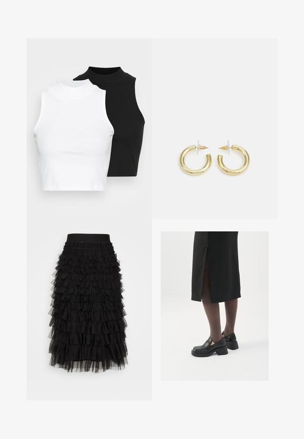 Du pirštu riboti be rankovių golfo marškiniai juodos ir baltos spalvų, pasižymintys prigludusia forma ir lygia tekstūra, trumpu ilgiu.; Juoda sluoksniuota sijonas, turintis elastinį liemenį, kelis suderintus volanelius ir minkštą tiulio tekstūrą, suteikiantį apimtį ir judėjimą.; Juodos odinės bateliai su apvaliu nosiu, stora blokine pakulne ir elastingais šonais, derinami su tamsiomis pėdkelnėmis ir juoda sijonu su plyšiu.; Aukso auskarai su lygiu, blizgiu paviršiumi. Apvalus dizainas su maža užrakto dalimi ir skaidria atrama saugiam nešiojimui.