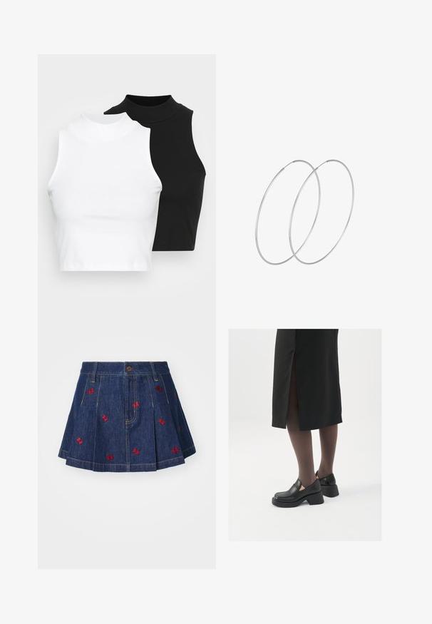 Kaksi hihattomaa ribattua kauluspaitaa mustana ja valkoisena, joissa on istuva muotoilu ja sileä rakenne, sekä lyhyt pituus.; Denim-hame, jossa on laskokset ja tumma pesu, punaisilla brodeeratulla perhospainatuksella varustettuna sekä klassinen viisi-taskuinen muotoilu, jossa on etunappikiinnitys.; Mustat nahkakengät pyöreällä kärjellä, paksulla lohkopohjalla ja joustavilla sivuakkesseilla, yhdistettynä tummiin sukkahousuihin ja mustaan hameeseen, jossa on halkio.; Hopehope hopeilla, joissa on minimalistinen muotoilu. Pyöreä muoto, sileä pinta ja ohut profiili. Kevyet ja kiillotetut.