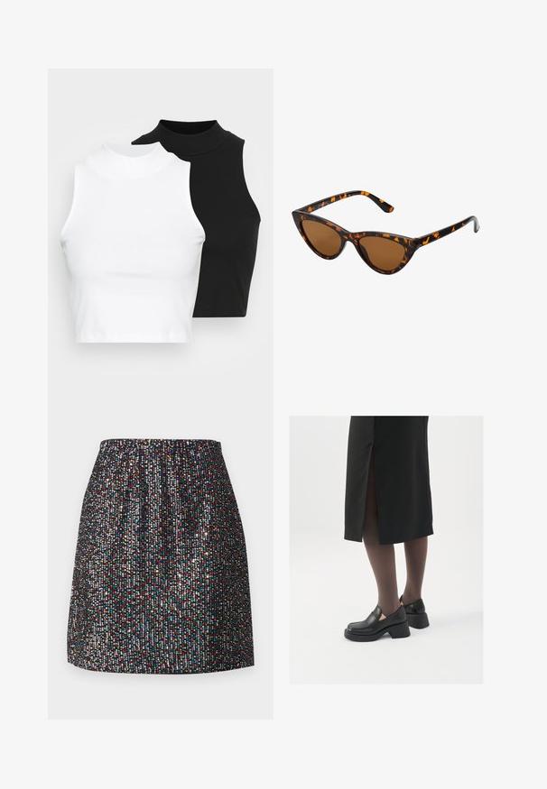 Divi bez piedurknēm riboti turtleneck topi melnā un baltā krāsā, ar pieguļošu dizainu un gludu faktūru, ar īsu garumu.; Melnā mini svārku, kas rotāta ar maziem, krāsainiem svītrojumiem, ar elastīgu jostasvietu, gludu tekstūru un taisnu siluetu.; Melni ādas apavi ar noapaļotu purngalu, biezām bloku papēžiem un elastīgiem sānu akcentiem, apvienoti ar tumšām zeķubiksēm un melnu svārku ar šķirbu.; Kaķa acs saulesbrilles ar melnu un oranžu bruņurupuču rakstu rāmi, brūnām lēcām un elegantiem, norādītiem galiem. Rāmī ir minimālists logos uz tempļa.