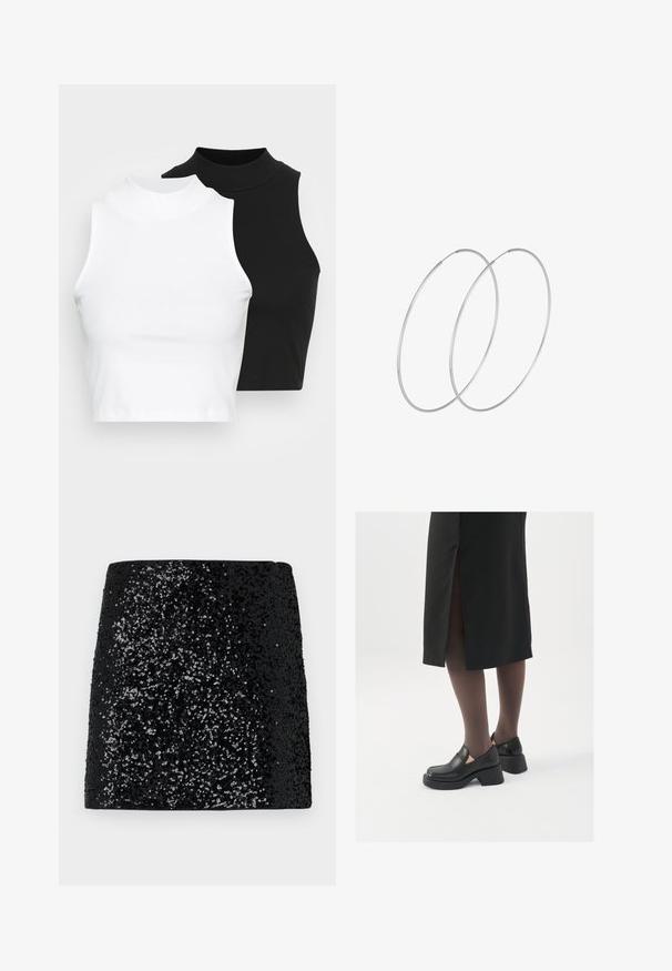 Two sleeveless ribbed turtleneck tops in black and white, featuring a fitted design and smooth texture, with cropped length.; Black sequined skirt with a textured surface, featuring a gradient pattern from dense to sparse sequins, straight cut, and no visible fastenings.; Black leather shoes with a rounded toe, thick block heel, and elastic side accents, paired with dark tights and a black skirt with a slit.; Silver hoop earrings with a minimalist design. Circular shape, smooth texture, and thin profile. Lightweight with a polished finish.