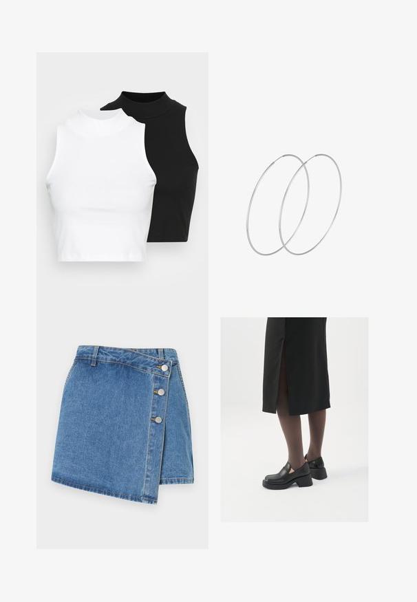 Dve bezrukávové rebrované roláky v čiernej a bielej farbe, pričom majú priliehavý strih a hladkú textúru, s krátkou dĺžkou.; Denimová sukňa s viazaním v svetlomodrej farbe. Má vysoký pás, šikmý lem a tri kovové cvočky na boku. Hladká textúra s jemným šitím.; Čierne kožené topánky s okrúhlou špičkou, silným blokovým opätkom a elastickými bočnými akcentmi, skombinované s tmavými pančuchami a čiernou sukňou so štiepením.; Strieborné kruhové náušnice s minimalistickým dizajnom. Cirkulárny tvar, hladký povrch a tenký profil. Ľahké s lesklým povrchom.