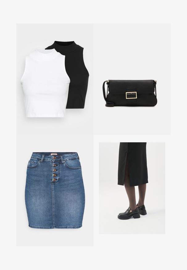 Kaks musta ja valget ilma varrukat ribikrae topi, millel on sobiv disain ja sile tekstuur, ning lühikesed pikkused.; Keskmise sinise denimseeliku toode, millel on naiselik siluett. Omab viie nupuga esist sulgemist, kahte esist taskut ja õmmeldud ääre. ; Mustad mustad jalatsid ümmarguse varbaga, paksu plokkniidi ja elastsete külgdetailidega, kombineeritud tumedate sukkade ja musta lõhikuga seelikuga.; Must haben musta nahkklahviga kott, millel on klapp ja kuldne metallist pandla detail. Kaasas must rihm ja stiilne, minimalistlik disain.; Kulla värvi nõelad, õhukesed ja ümmargused, millel on sile metallist pind ja ilma kaunistuste või mustriteta.