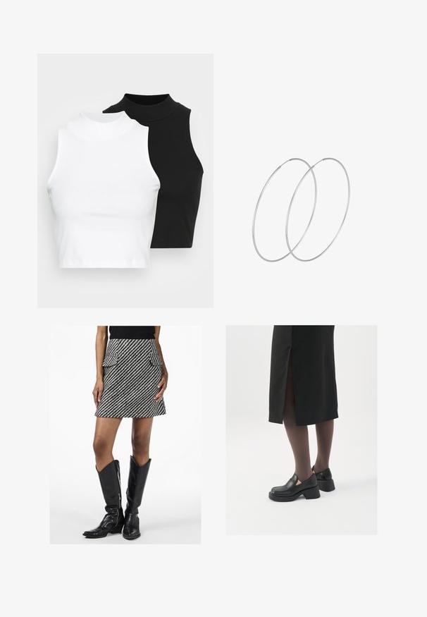 Dvě bezrukávové halenky s ribovým stojáčkem v černé a bílé barvě, které mají přiléhavý střih a hladkou texturu, s krácenou délkou.; Proužkovaná sukně v černobílé barvě se dvěma předními kapsami, vyrobená z texturovaného materiálu. V kombinaci s černými koženými botami do výšky kolen.; Černé kožené boty s kulatou špičkou, silným blokovým podpatkem a elastickými bočními akcenty, spárované s tmavými punčochami a černou sukní se rozparkem.; Stříbrné kruhové náušnice s minimalistickým designem. Kruh, hladký povrch a tenký profil. Lehká konstrukce s lesklým povrchem.