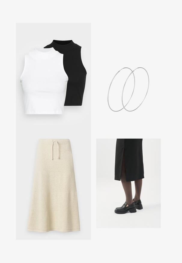 Dvije bezrukavne rebraste majice s visokim ovratnikom u crnoj i bijeloj boji, s prilagođenim dizajnom i glatkom teksturom, te skraćenom dužinom.; Suknja do koljena u krem boji, pletena s mekim teksturom, s elastičnim pojasom na vezanje i raširenim siluetom. Minimalistički dizajn bez uzoraka ili ukrasa.; Crne kožne cipele s zaobljenim vrhom, debelim blok petama i elastičnim bočnim detaljima, uparene s tamnim čarapama i crnom suknjom s prorezom.; Srebrne okrugle naušnice s minimalističkim dizajnom. Kružni oblik, glatka tekstura i tanak profil. Lagane s poliranim završetkom.
