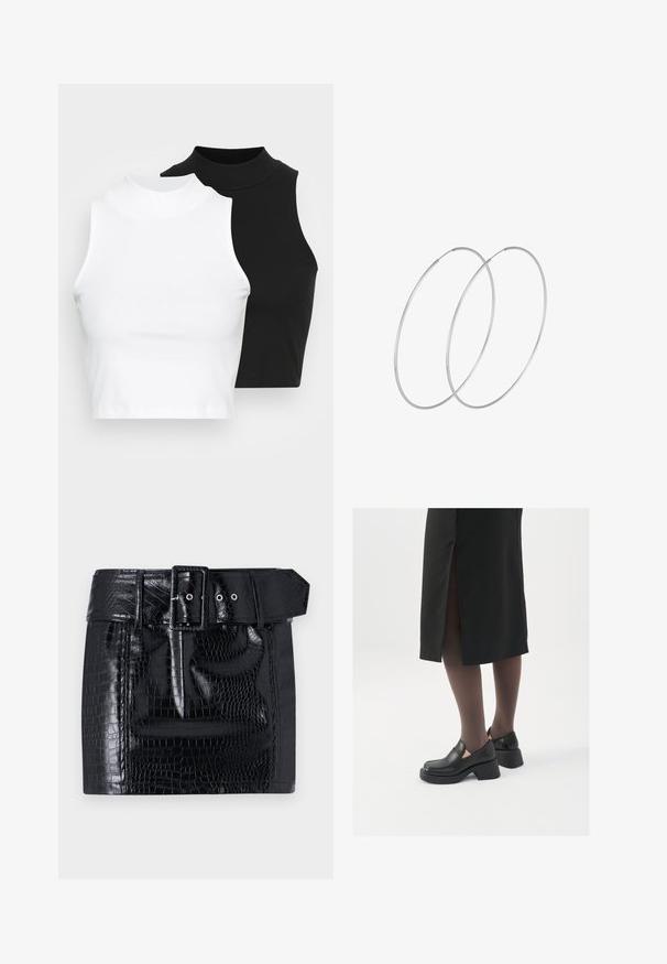 Two sleeveless ribbed turtleneck tops in black and white, featuring a fitted design and smooth texture, with cropped length.; Black faux leather mini skirt featuring a crocodile pattern, wide belt with a square buckle, and snap button detail at the waist.; Black leather shoes with a rounded toe, thick block heel, and elastic side accents, paired with dark tights and a black skirt with a slit.; Silver hoop earrings with a minimalist design. Circular shape, smooth texture, and thin profile. Lightweight with a polished finish.