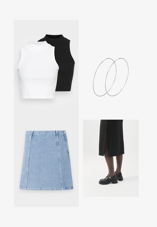 Du pirštu riboti be rankovių golfo marškiniai juodos ir baltos spalvų, pasižymintys prigludusia forma ir lygia tekstūra, trumpu ilgiu.; Šviesiai mėlynas džinsinis sijonas su tiesiu kirpimu, matomais siūlų detalėmis ir šonine kišene. Medžiaga yra tekstūruota su minkštu paviršiumi.; Juodos odinės bateliai su apvaliu nosiu, stora blokine pakulne ir elastingais šonais, derinami su tamsiomis pėdkelnėmis ir juoda sijonu su plyšiu.; Sidabrinės pusmėnulio auskarai minimalistiniu dizainu. Apskritimo forma, lygus paviršius ir plonas profilis. Lengvi su poliruotu apdailu.