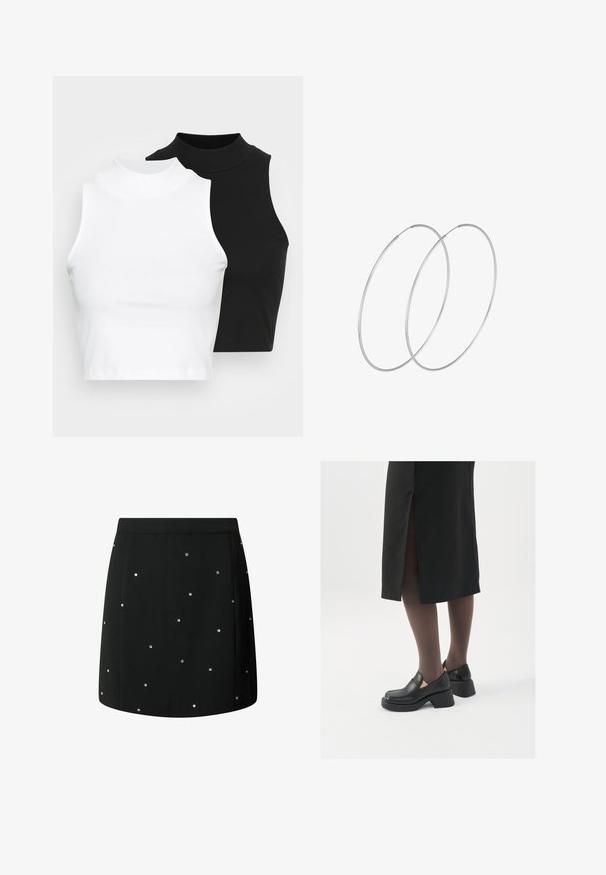 Dwa bezrękawnikowe golfy w kolorze czarnym i białym, charakteryzujące się dopasowanym fasonem i gładką teksturą, o skróconej długości.; Czarna spódnica wykonana z materiału o gładkiej teksturze, z rozrzuconymi srebrnymi ćwiekami jako akcentami. Prosty krój z czystym wykończeniem.; Czarne skórzane buty z okrągłym noskiem, grubym blokowym obcasem i elastycznymi akcentami po bokach, zestawione z ciemnymi rajstopami i czarną spódnicą z rozcięciem.; Srebrne kolczyki w formie obręczy o minimalistycznym designie. Okrągły kształt, gładka faktura i cienki profil. Lekkie, z polerowanym wykończeniem.