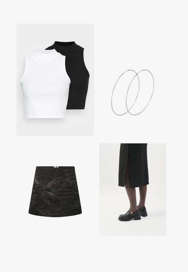 To kjoleløse ribbede turtleneck-toppe i sort og hvid, med en tætsiddende design og glat tekstur, samt cropped længde.; Sort mini nederdel med tekstureret, plisseret design og geometriske mønstre. Lige snit med lynlås skjult bagpå.; Sorte lædersko med rund tå, kraftig blokhæl og elastiske sideaccentuer, parret med mørke strømpebukser og en sort nederdel med slids.; Sølvøreringe med et minimalistisk design. Cirkulær form, glat tekstur og tynd profil. Letvægtige med en poleret overflade.