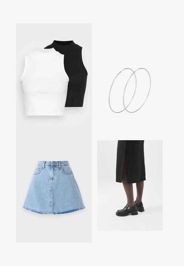 Dvě bezrukávové halenky s ribovým stojáčkem v černé a bílé barvě, které mají přiléhavý střih a hladkou texturu, s krácenou délkou.; Džínová áčková sukně v světle modré barvě s třepeným lemem, pěti kapsami a zapínáním na knoflík. Obsahuje měděné kovové detaily a jemné švy.; Černé kožené boty s kulatou špičkou, silným blokovým podpatkem a elastickými bočními akcenty, spárované s tmavými punčochami a černou sukní se rozparkem.; Stříbrné kruhové náušnice s minimalistickým designem. Kruh, hladký povrch a tenký profil. Lehká konstrukce s lesklým povrchem.